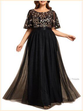 Plus Size Sequin Formal Dress A-Line Ruffle Sleeve Evening Gown